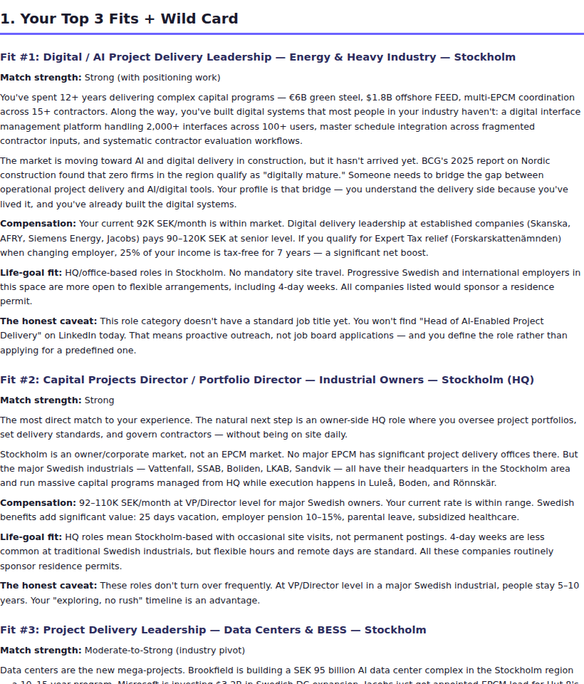 Sample report Fit Card showing match strength and compensation analysis